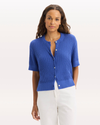 Front view of model wearing Deep Ultramarine Short Sleeve Cardigan, Regular Fit.