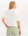 Back view of model wearing Lucent White Short Sleeve Cardigan, Regular Fit.