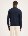 Back view of model wearing Navy Blazer V Neck Sweater.